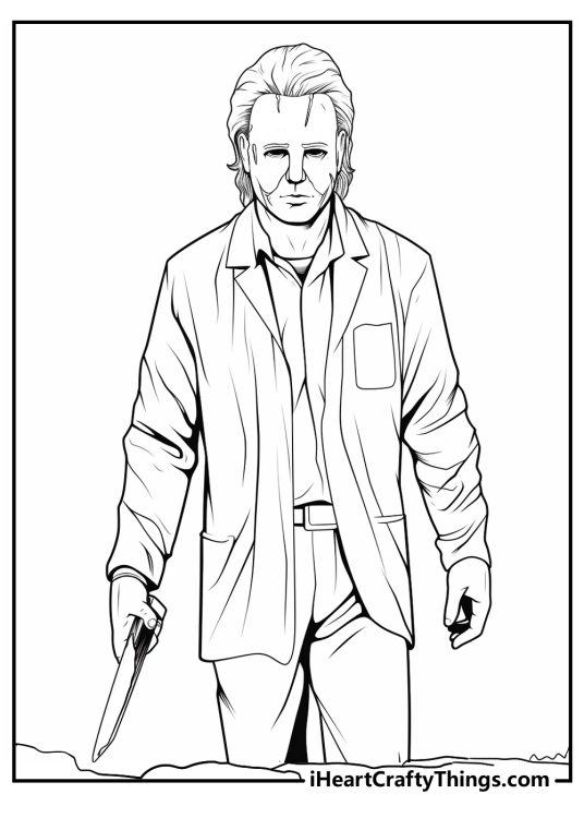Coloring sheet featuring Michael Myers with a face instead of a mask and wearing casual clothes