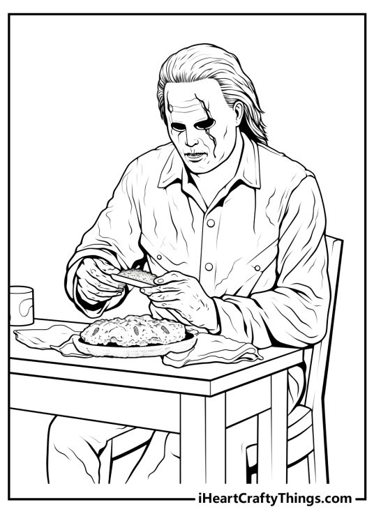 Detailed coloring sheet featuring Michael Myers preparing for Halloween by making a pie by the table