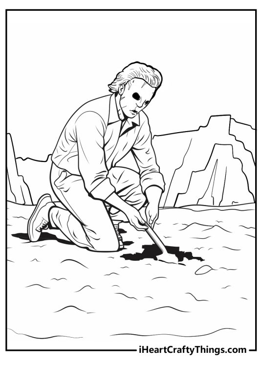 Detailed coloring pdf depicting Michael Myers in a desert setting while digging a hole