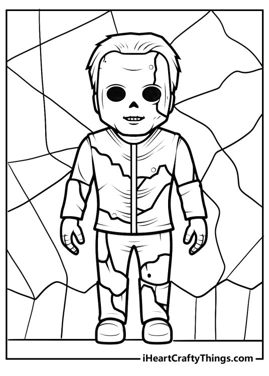 Michael Myers coloring sheet presenting a zombified version of Michael with mosaic background