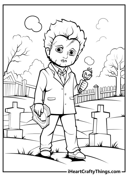 Michael Myers-themed image presenting a kid dressed as Michael Myers walking through the graveyard setting