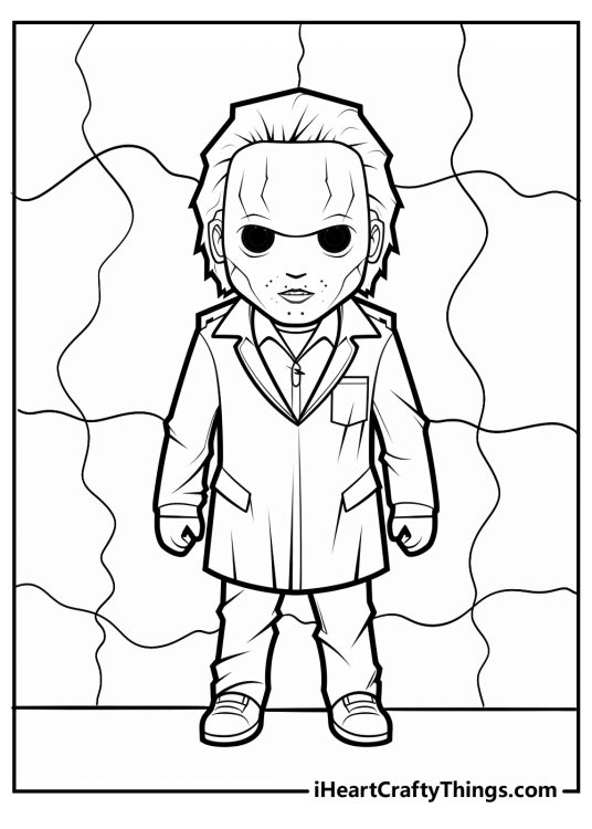 Picture to color of a Michael Myers drawn in quite simple style with segmented background behind him