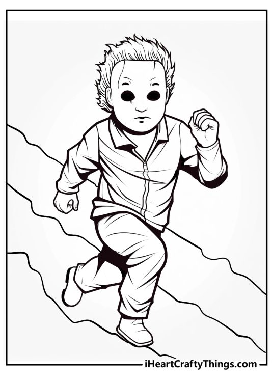 Free printable coloring sheet featuring Michael Myers jogging somewhere in a hurry