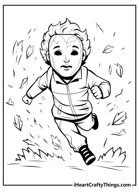 Detailed coloring picture capturing Michael Myers running through the Fall leaves