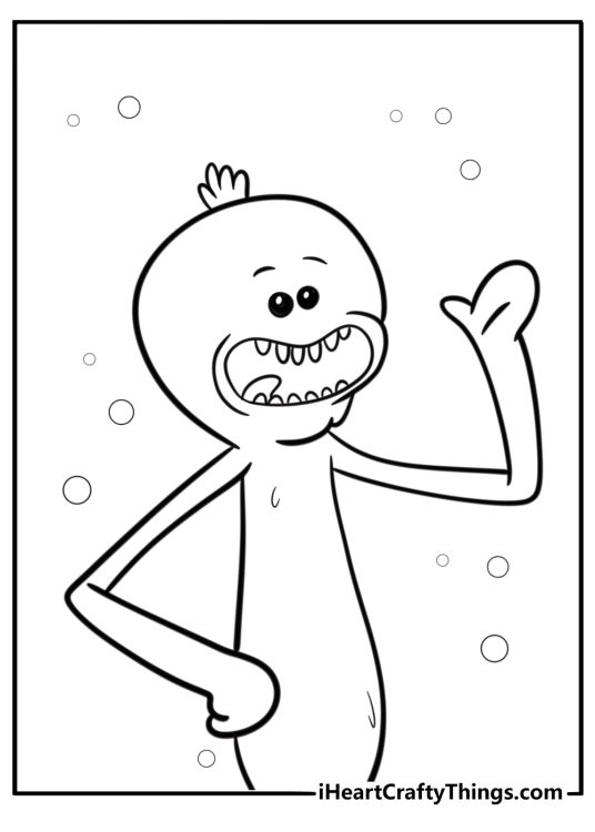 Mr meeseeks smiling and waving detailed coloring sheet