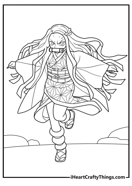 nezuko crouching in defensive stance printable coloring sheet