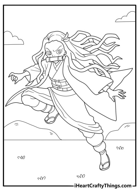 nezuko running forward with bamboo muzzle anime coloring page