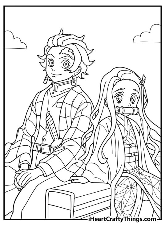 nezuko sitting beside tanjiro supportive moment coloring sheet