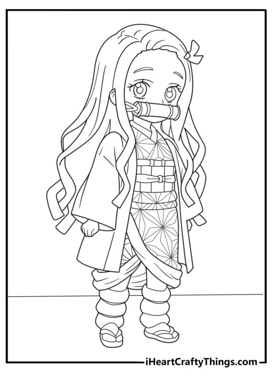 nezuko standing in her kimono detailed printable coloring page