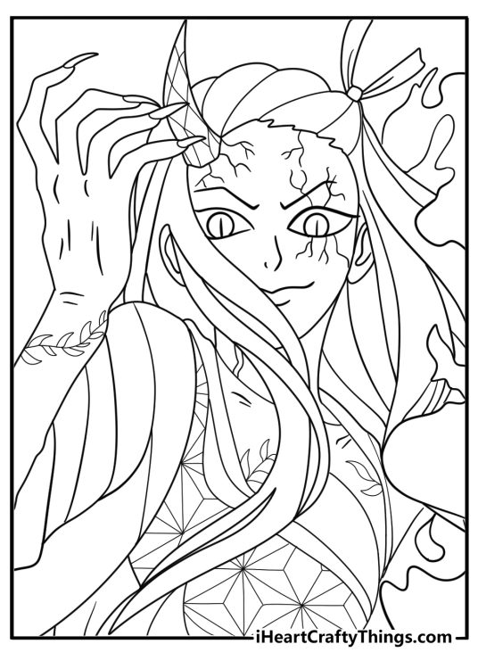nezuko using demon power with flames around her coloring sheet