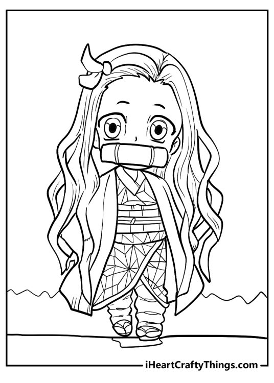 Detailed coloring image featuring cartoony Nezuko wearing outfit with lots of small shapes