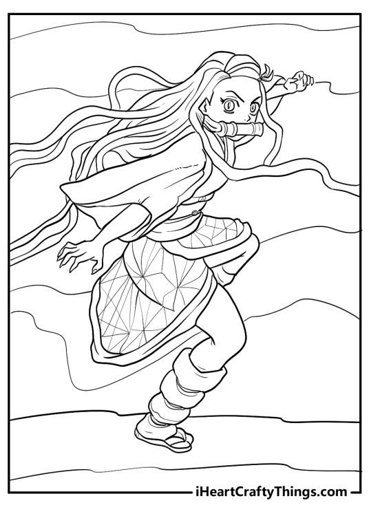Printable picture to color featuring Nezuko in dynamic pose with expressive face