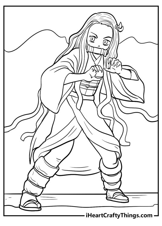 Free printable of a Nezuko in a pose prepared for anything as sensed an imminent threat