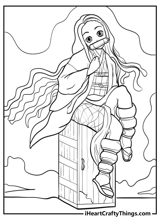 Free printable coloring picture for aduts featuring Nezuko seated on a rectangle box