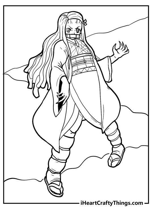 Printable pdf to color of a Nezuko looking dangerous with angry look and claws on her hands
