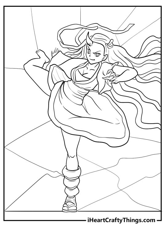 Printable sheet featuring Nezuko with a horn on her forehead in the middle of an attack