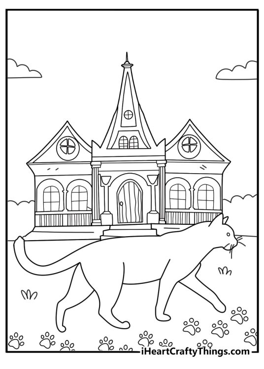 paw prints trail of black cat leading to old house steps hocus pocus coloring sheet for kids