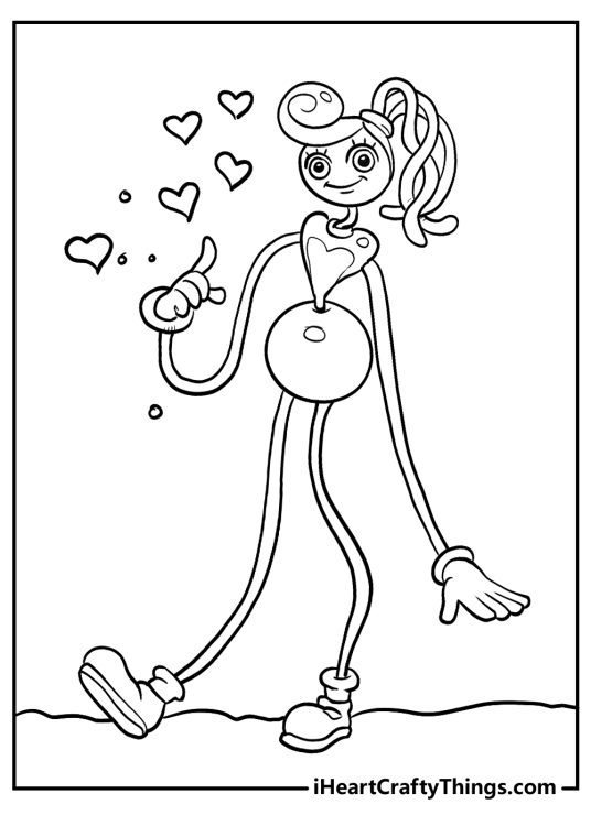 Picture presenting Poppy Playtime character Mommy Long Legs surrounded by heart shapes