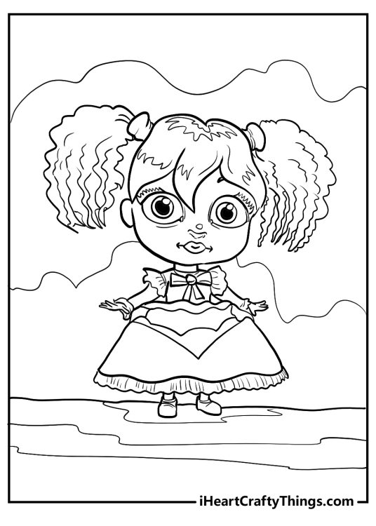 Poppy Playtime-themed coloring picture presenting doll Poppy posing in her signature dress