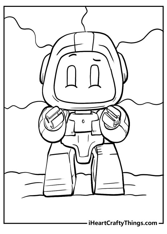 Poppy Playtime coloring page for kids presenting small robot Boogie Bot with segmented background behind him
