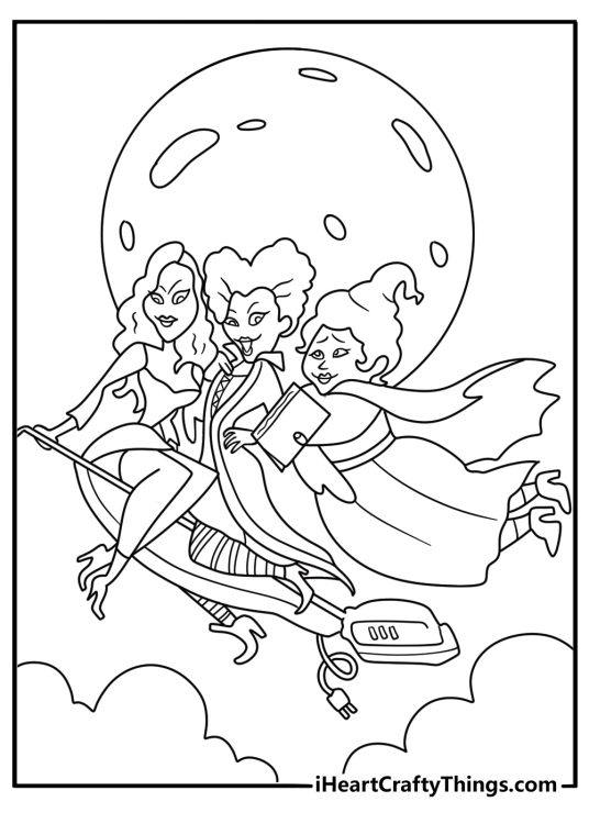 printable hocus pocus page featuring the sanderson sisters flying together