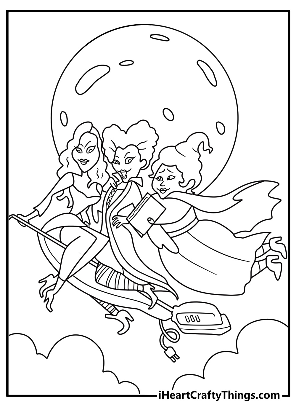 printable hocus pocus page featuring the sanderson sisters flying together