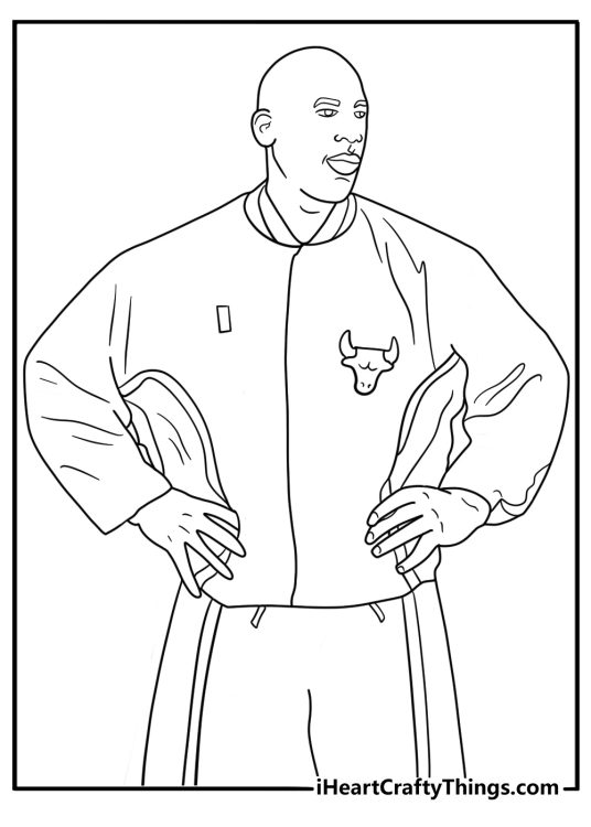 retro style michael jordan wearing bulls warm up jacket coloring sheet