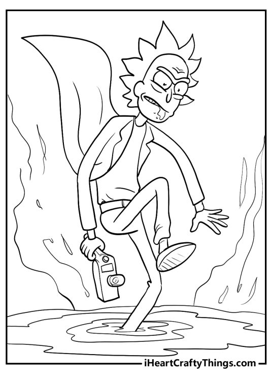 Rick and Morty printable page presenting Rick escaping through a portal he created
