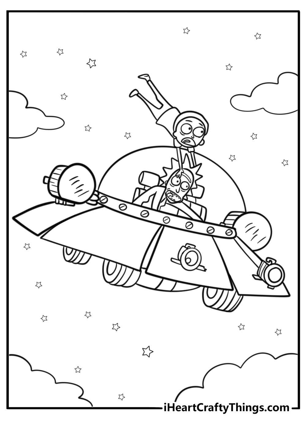 Rick and morty flying in their spaceship coloring page