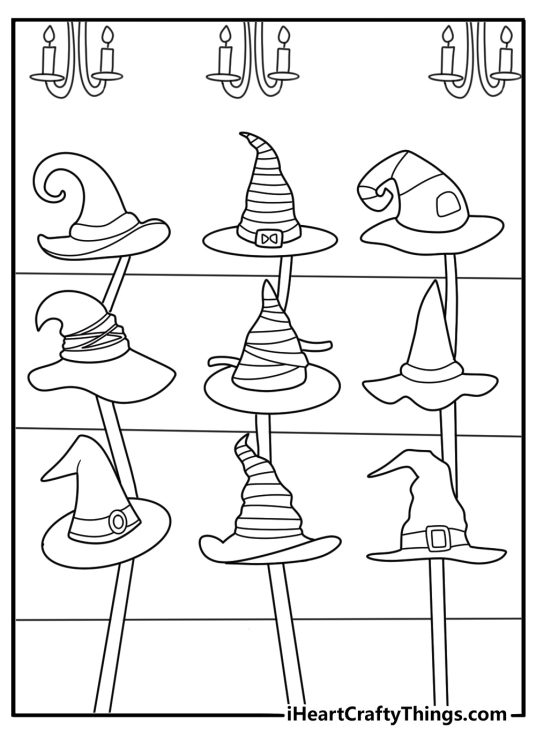 salem magic shop window with witch hats brooms and candles printable coloring poster