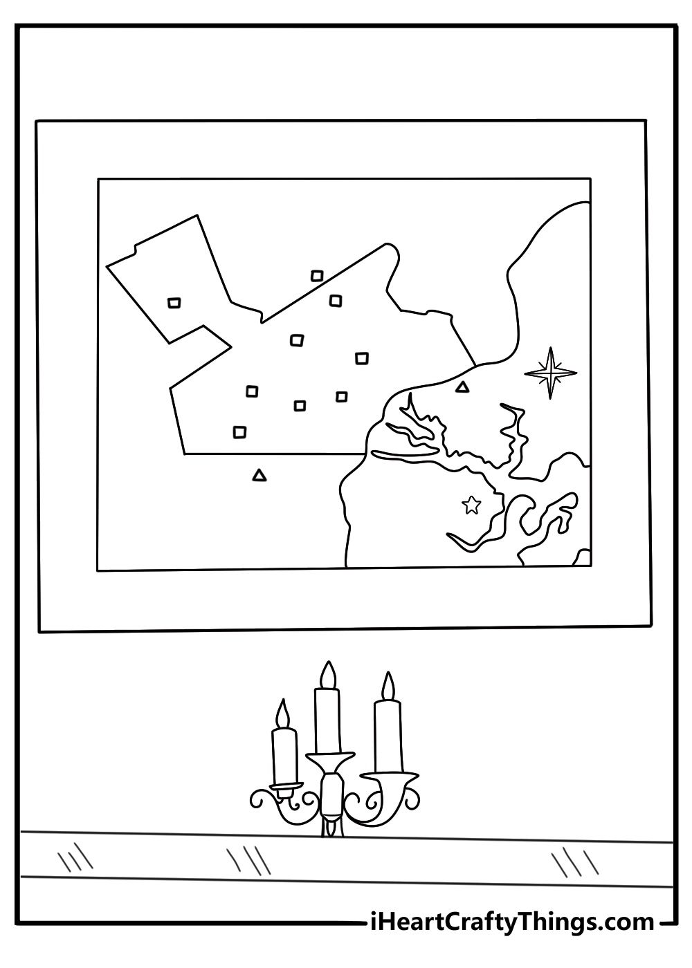salem map on table with candle wax marks and string lines detective style printable coloring page