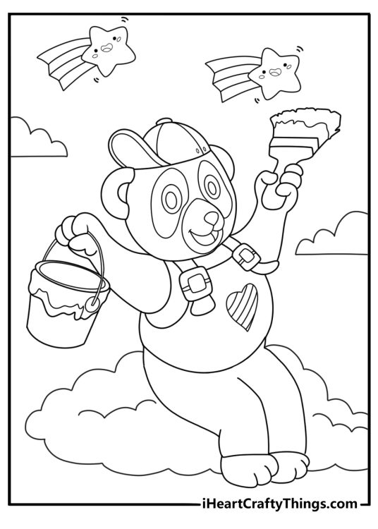 simple lisa frank panda coloring printable for kids sitting on a cloud with shooting stars