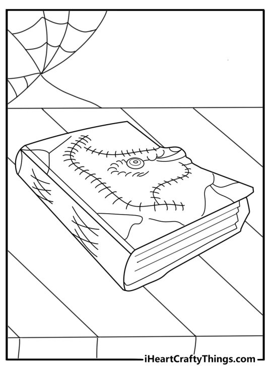 spell book closed on wooden shelf with cobwebs printable coloring page download