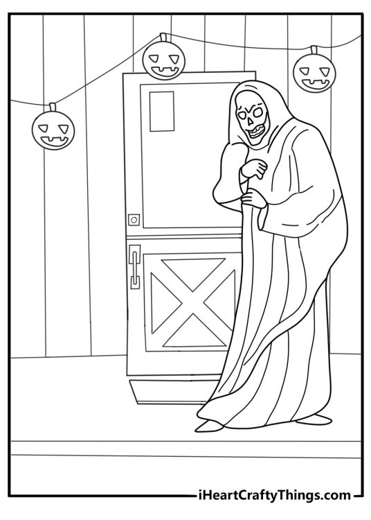 suburban house porch with man in devil costume and halloween lights fun coloring sheet