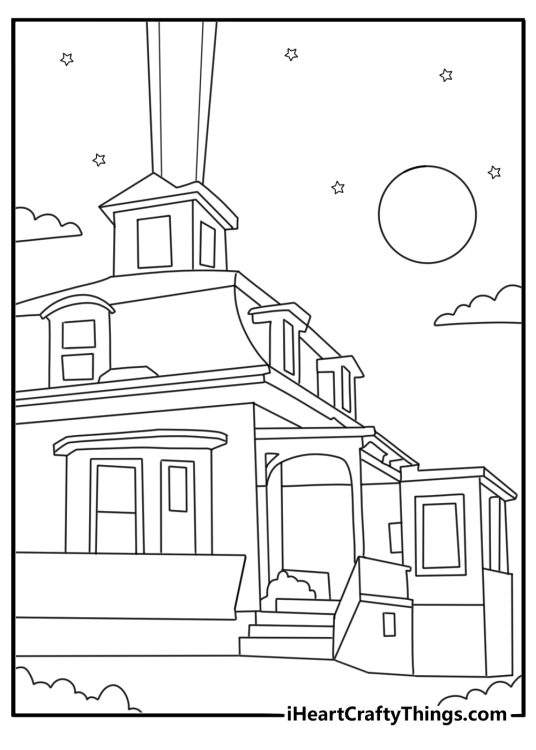 sunrise light beam over salem rooftops witches turning to dust silhouette art coloring page