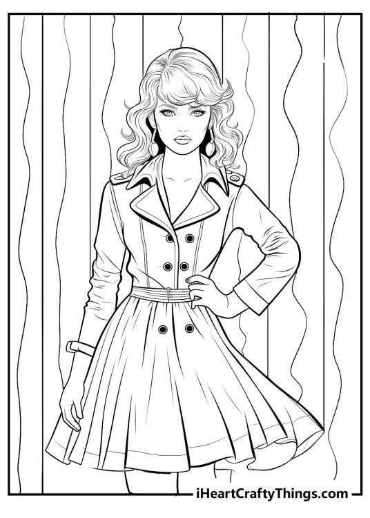 Coloring image of a beautifully dressed Taylor Swift posing like a model with a hand at her waist