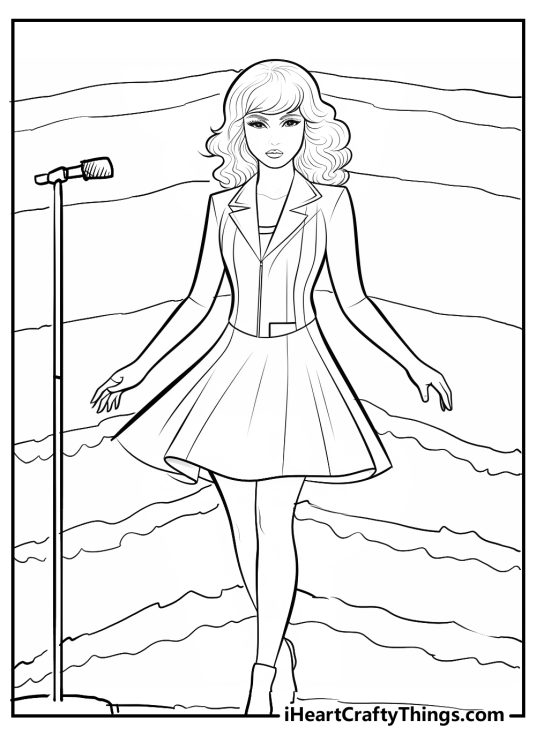 Printable coloring sheet for adults presenting Taylor Swift performing on stage