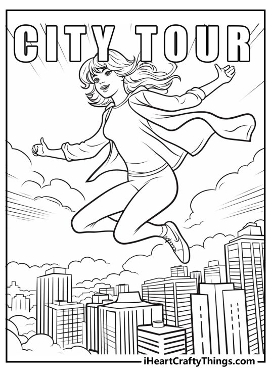 Image of a Taylor Swift jumping in the air over a big city and CITY TOUR phrase written above her