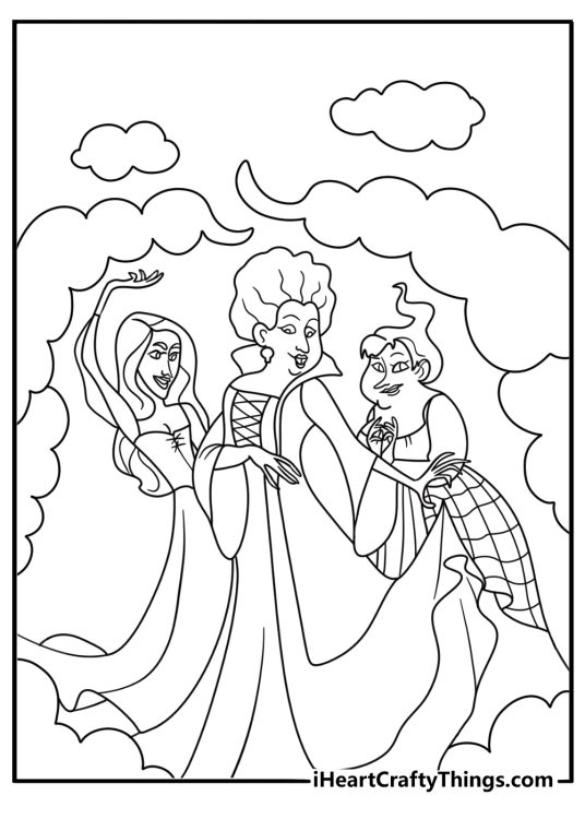 the sanderson sisters appear inside a circle of magical smoke in this coloring sheet