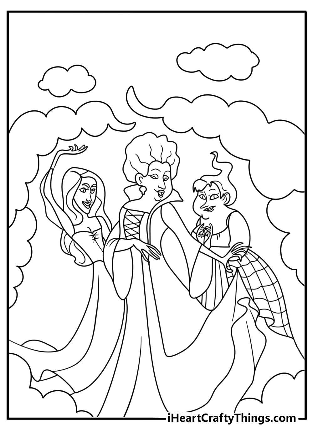 the sanderson sisters appear inside a circle of magical smoke in this coloring sheet