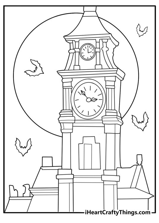 town bell tower silhouette with bats and large moon detailed halloween coloring page
