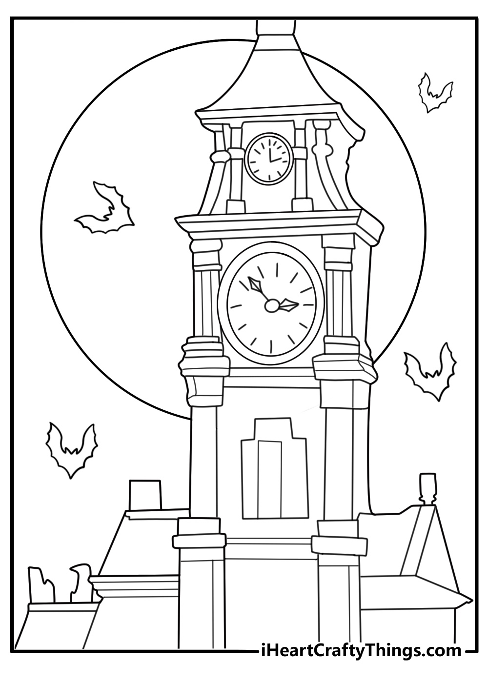 town bell tower silhouette with bats and large moon detailed halloween coloring page