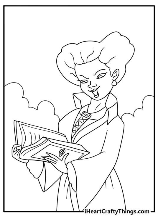 winifred opens her spellbook to reveal its living eye in this magical coloring sheet