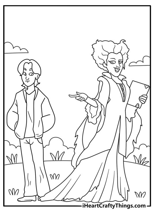 winifred sanderson points her finger at max in this dramatic coloring page