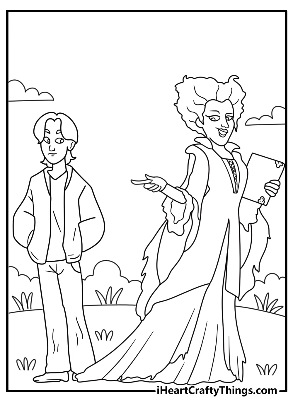 winifred sanderson points her finger at max in this dramatic coloring page