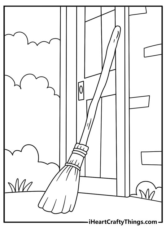 witch broom rests beside the sanderson cottage door in this easy printable