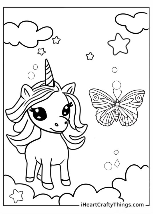 Cute Baby Unicorn With Butterflies To Color