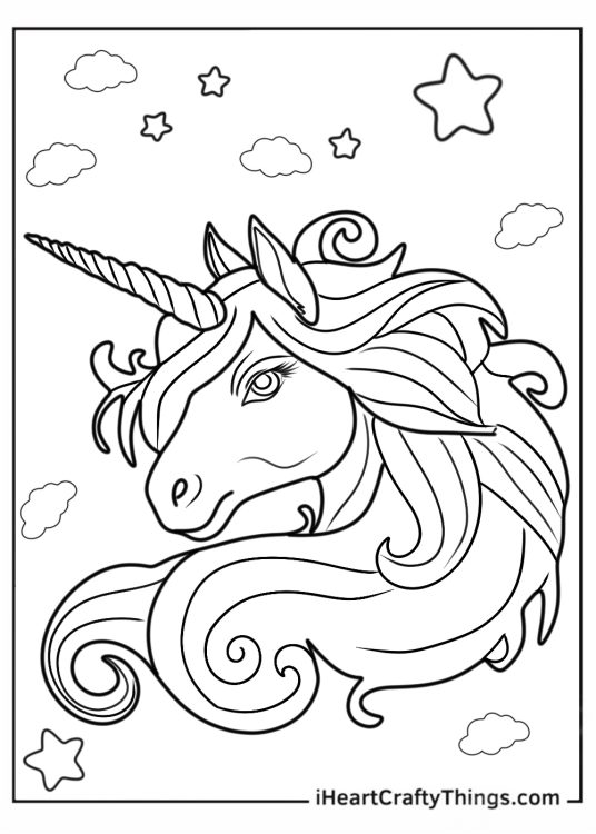 Unicorn head with long hair coloring sheet