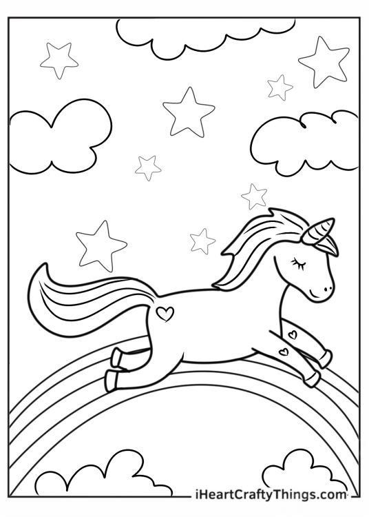 Unicorn With Fluffy Tail On Rainbow To Color