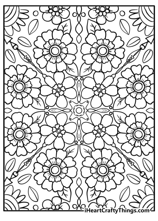 Detailed therapeutic coloring sheet for adults with flowers and leaves pattern
